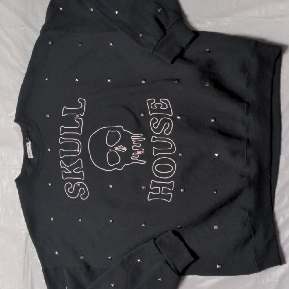 Skull House Designs Black Studded Goth Emo Skull Print Crewneck Sweatshirt L/XL